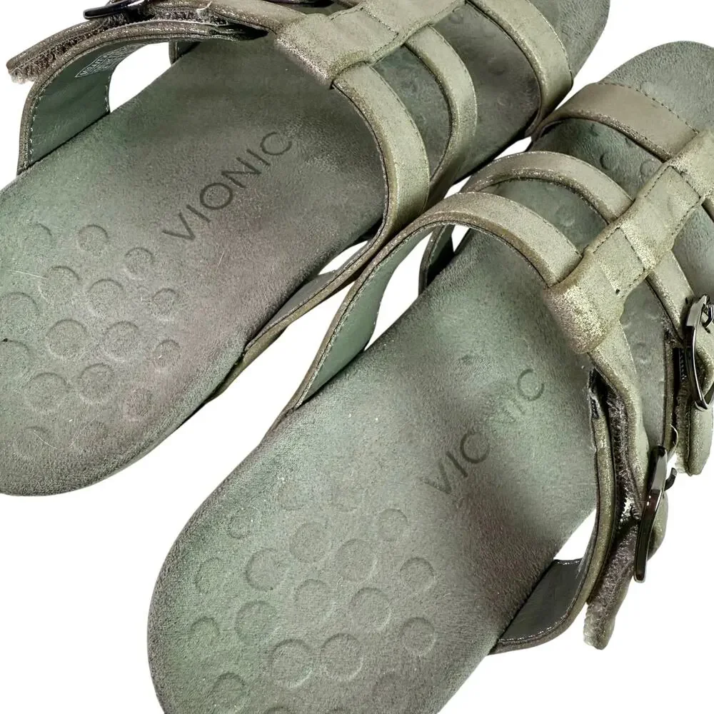 Vionic Women's 8 Pewter Gray Leather Strappy Slide On Comfort Sandals Walking - Picture 10 of 10